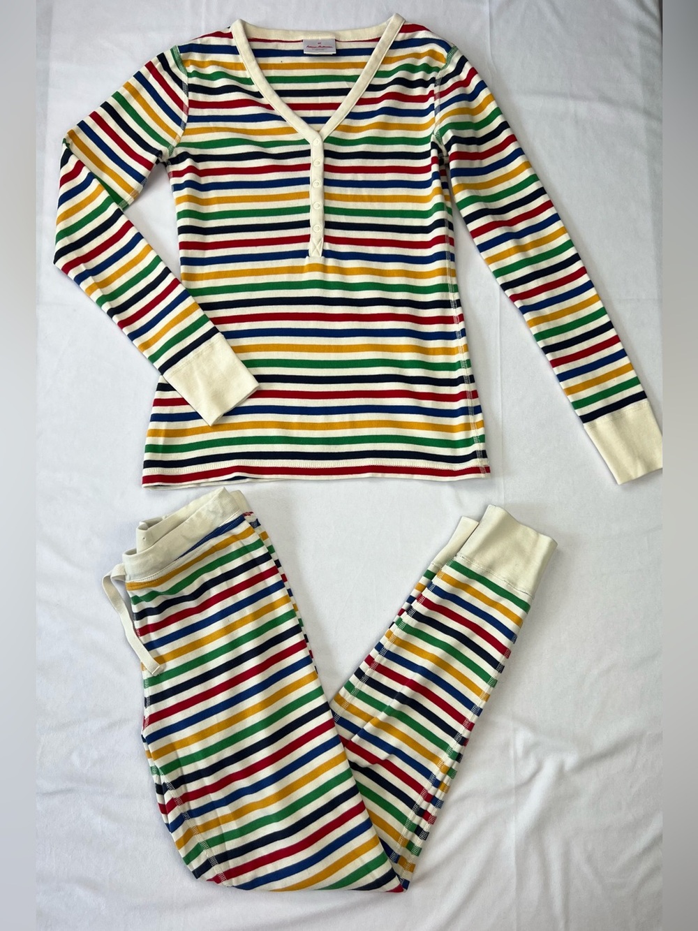 Hanna Andersson 2pc Pajama Set Women Size XS Rainbow Stripe Henley Top & Pants